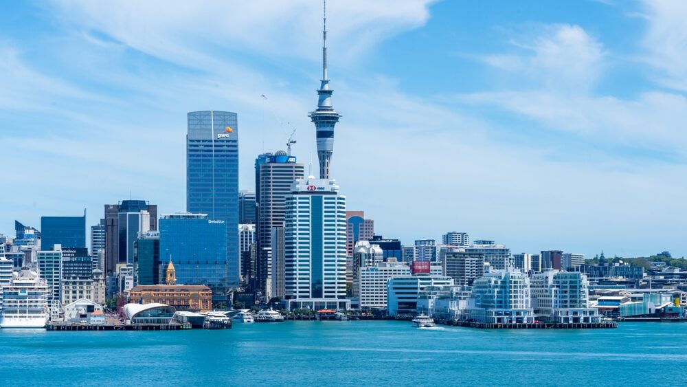 Auckland downtown skyline at waterfront in Auckland, New Zealand.